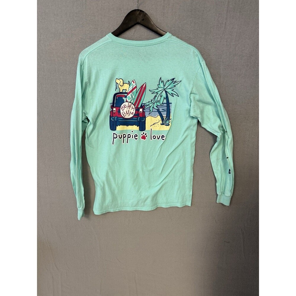 Puppie Love Mens Aqua Blue Long Sleeve Graphic T-Shirt Dog Rescue Size M